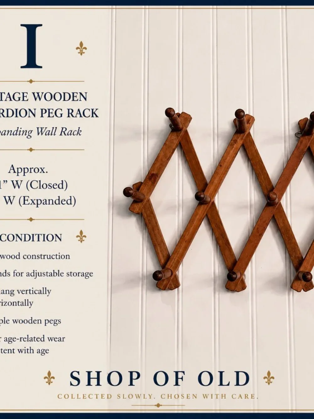 Vintage Wooden Accordion Peg Rack | Expanding Wall Coat & Hat Rack